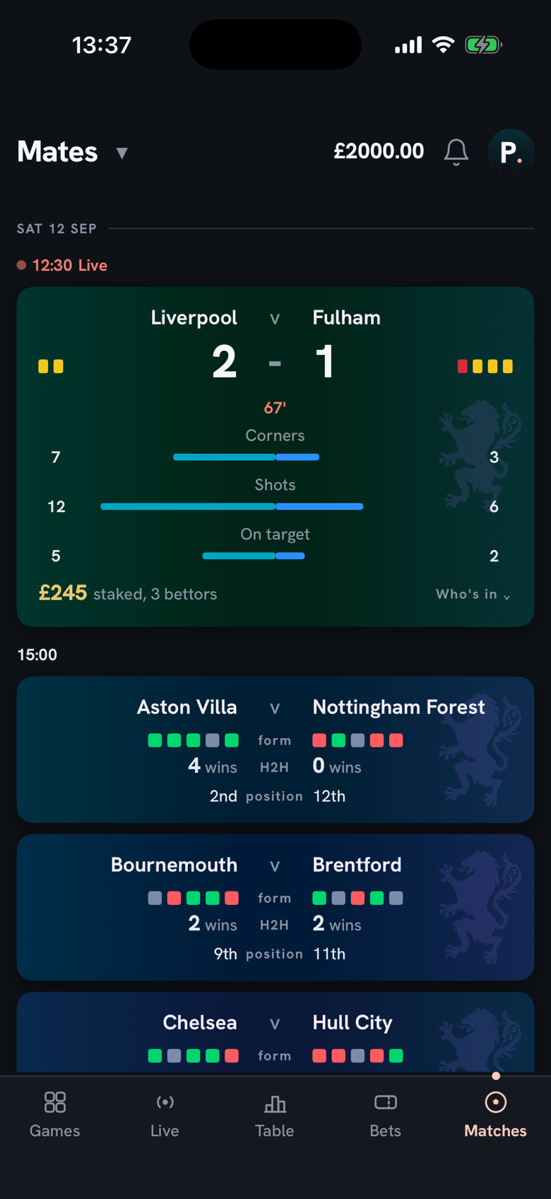 The Pandem matches tab on a matchday: one game live at 67 minutes with its score, bookings and stat bars, the rest of the day's fixtures below with their head to head form