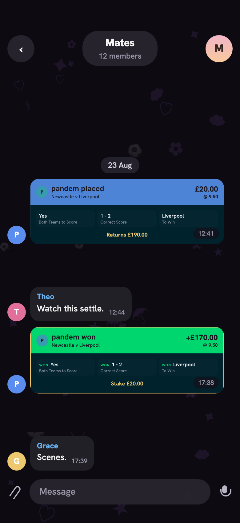 A group chat with a Pandem matchday broadcast landing in it