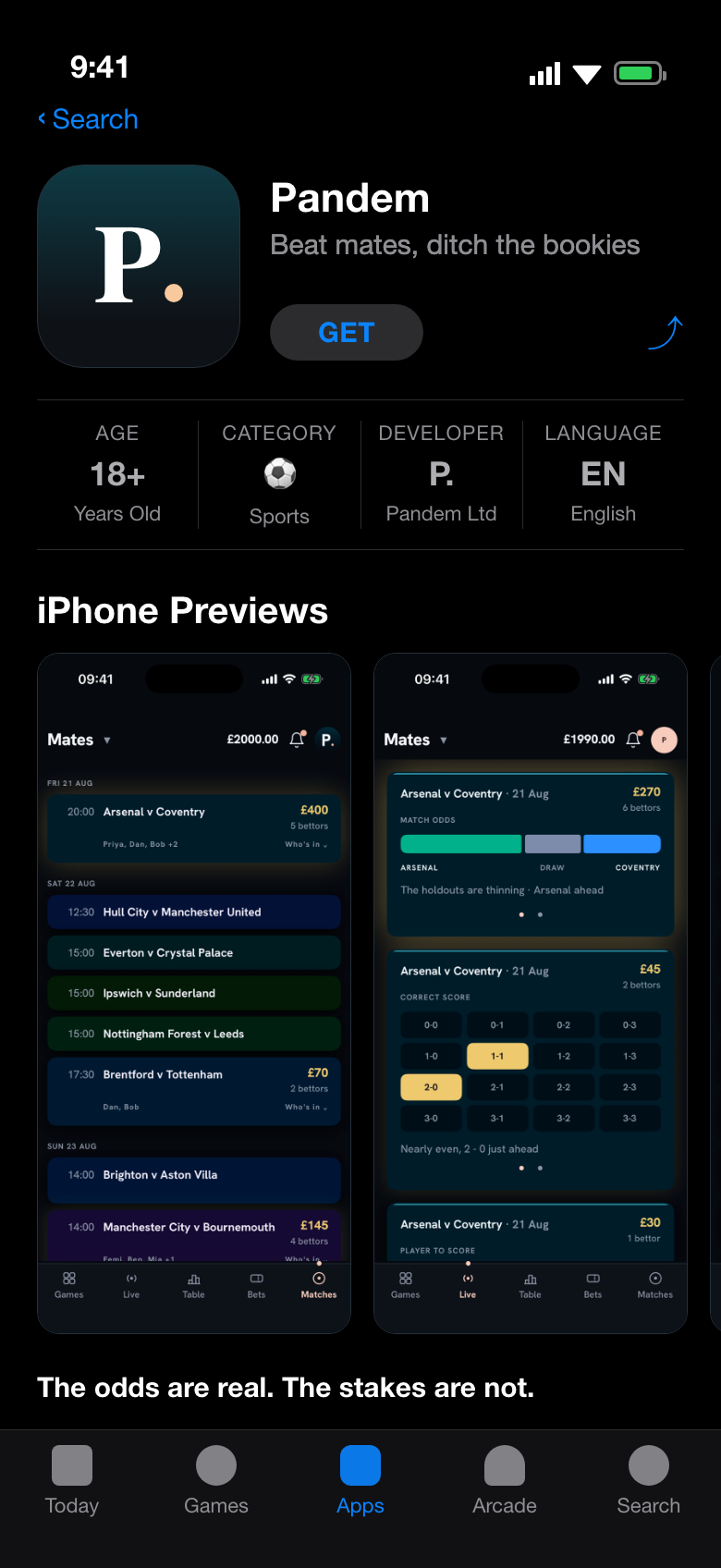 The Pandem listing on the App Store: Beat mates, ditch the bookies, 18 plus, real screens in the preview rail