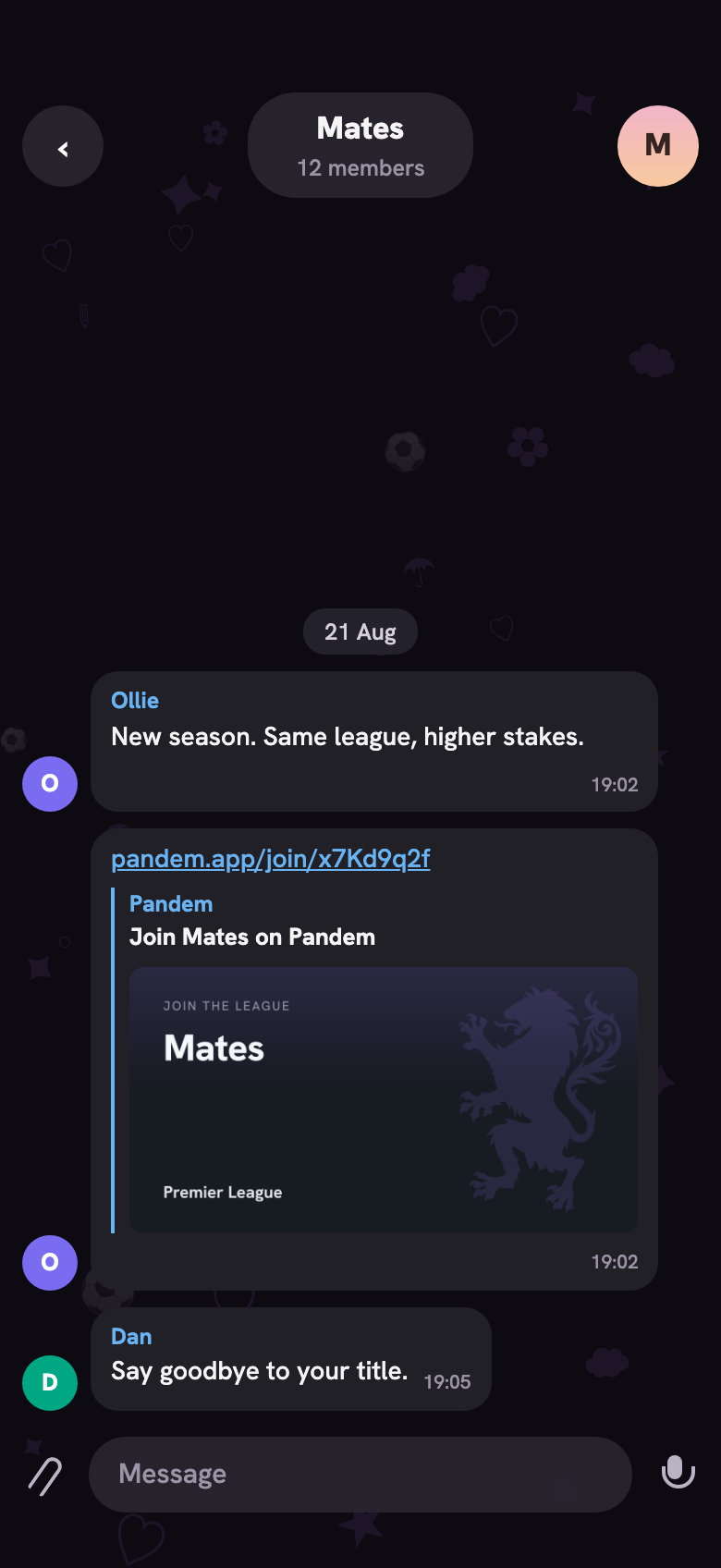A group chat with a Pandem invite ticket just shared