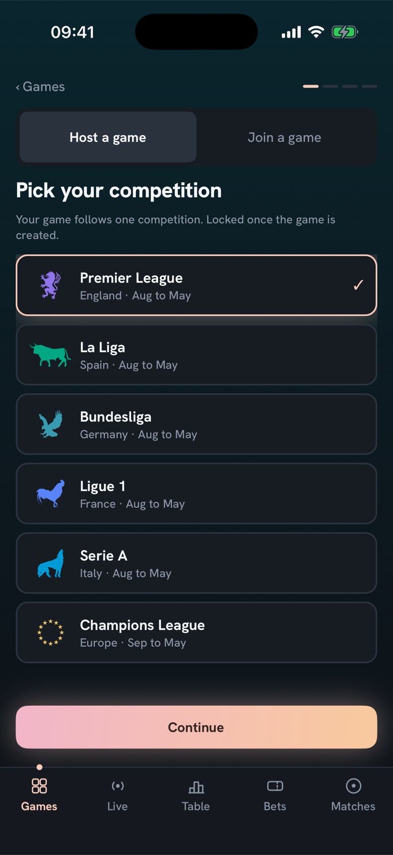 The competition picker with each league in its own colours