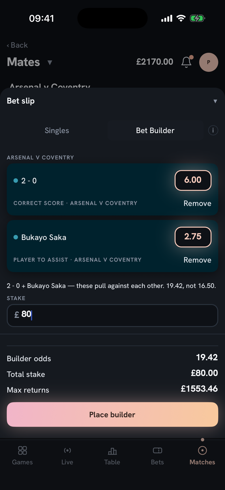 The same two picks combined into one builder bet with a single price