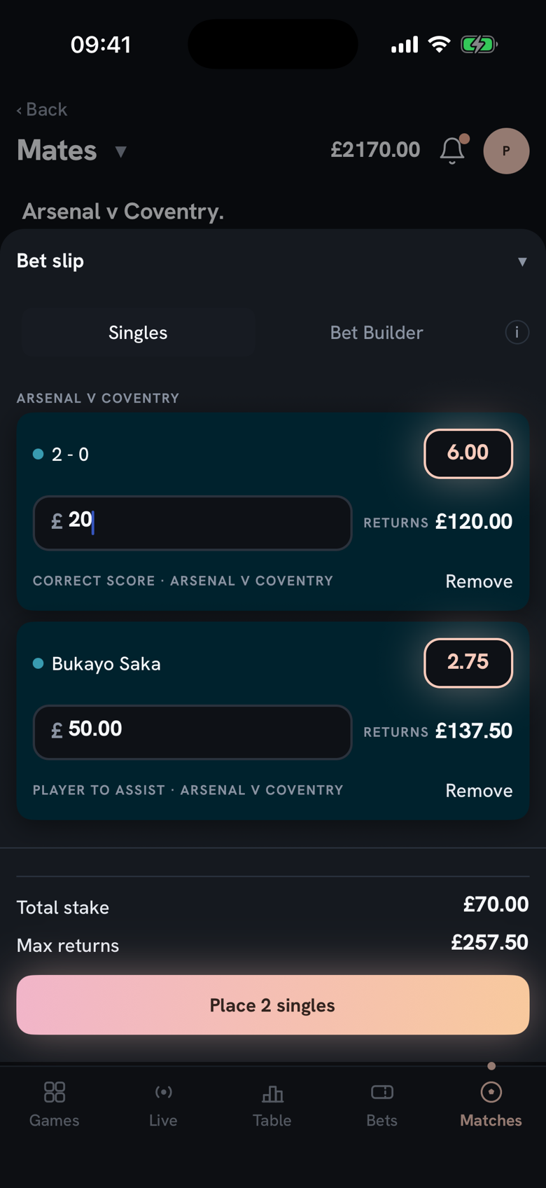 Two single bets staged in the slip