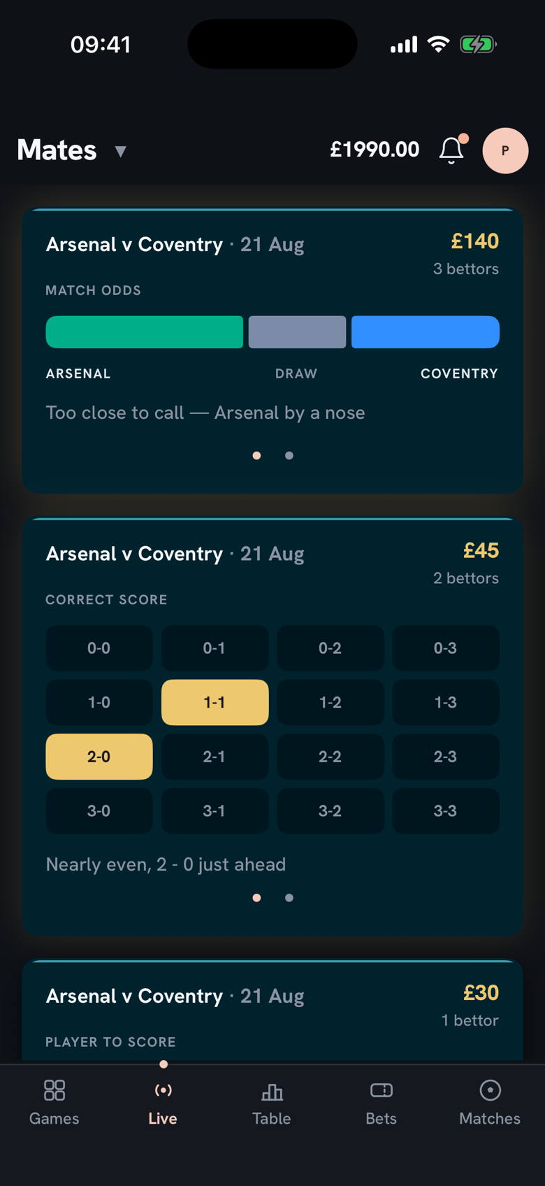 The live feed: the group&rsquo;s money building on Match Odds, Correct Score and Player to Score