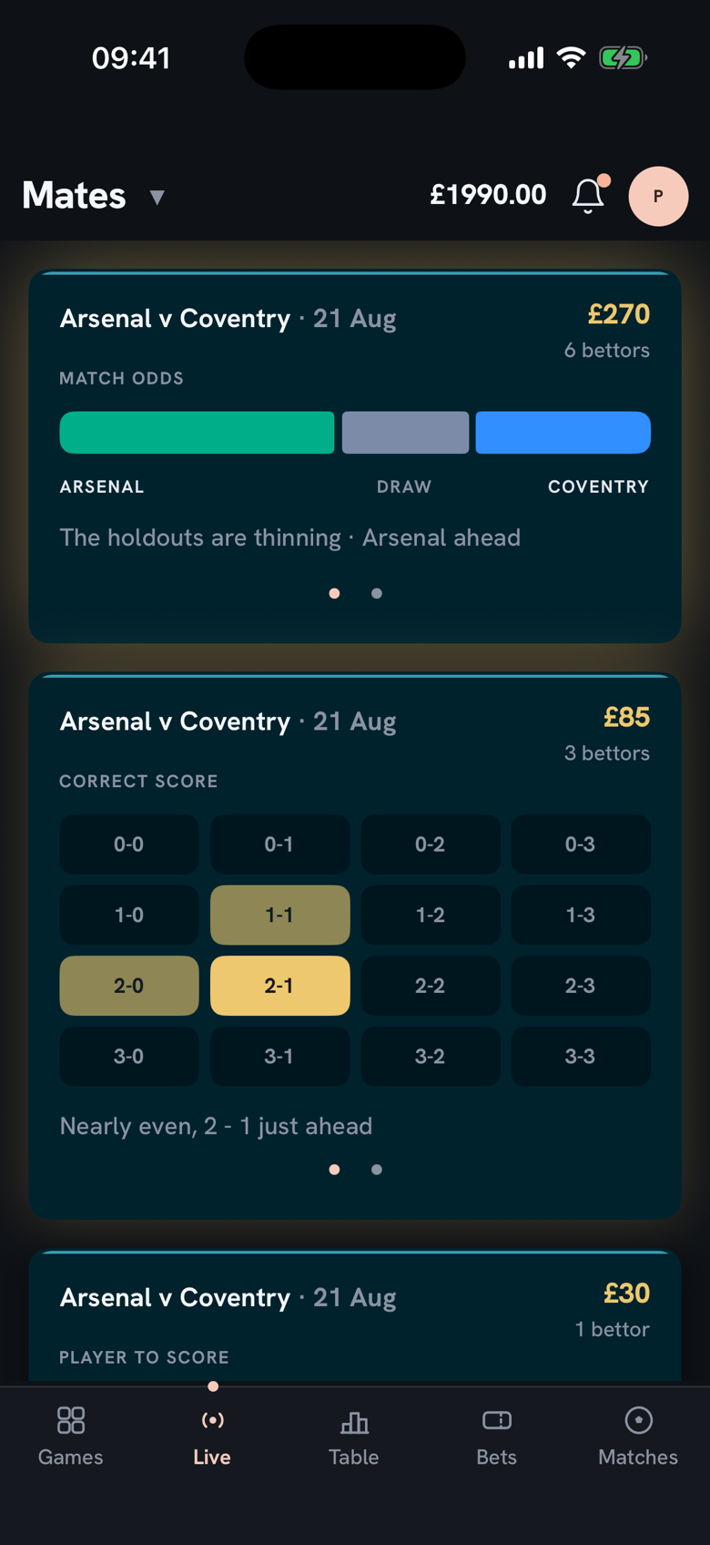 First money lands on the Correct Score matrix