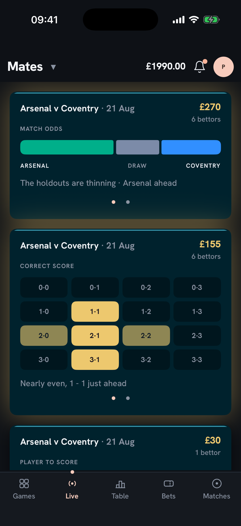 Five scorelines backed across the matrix
